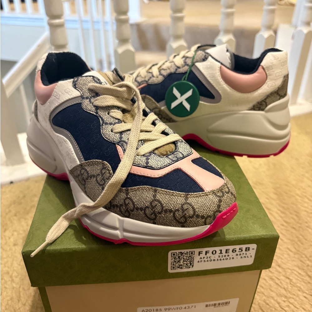 Gucci Multicolor Logo-Print Chunky Sneakers — Navy, Pink & Beige
